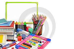 School and office supplies isolated on a white background. Free space for text. Wide photo