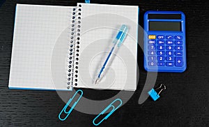 School and office supplies on office table. Male or boyish still life on the topic of school, study, office work