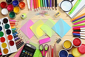 School and office supplies. school background. colored pencils, pen, pains, paper for school and student education