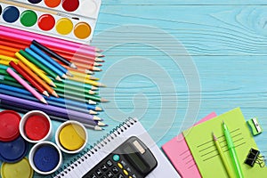 School and office supplies. school background. colored pencils, pen, pains, paper for school and student education