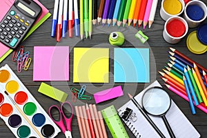 School and office supplies. school background. colored pencils, pen, pains, paper for school and student education