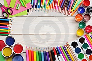 School and office supplies. school background. colored pencils, pen, pains, paper for school and student education