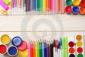 School and office supplies. school background. colored pencils, pen, pains, paper for school and student education