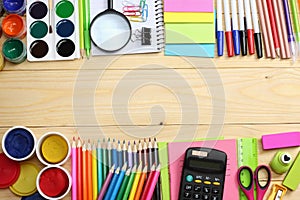 School and office supplies. school background. colored pencils, pen, pains, paper for school and student education