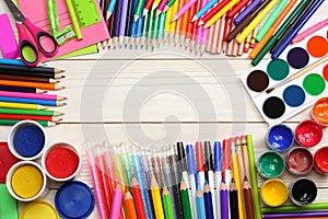 School and office supplies. school background. colored pencils, pen, pains, paper for school and student education