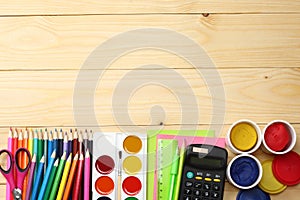 School and office supplies. school background. colored pencils, pen, pains, paper for school and student education