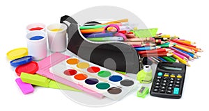 school and office supplies. school background. colored pencils, pen, pains, paper for school and student education isolated on