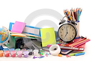 School office supplies on white background