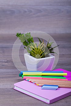 School office supplies on wooden background