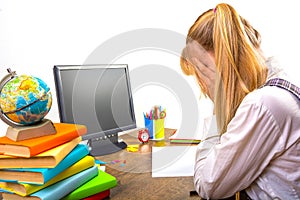 School online, learning at home, high school student crying, covering her face with her hands