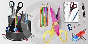 school organizer with scissors, pencils and markers. Colorful pencil case on white background. School supplies cartoon