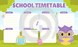 School Owl Character Timetable for Note Vector Template