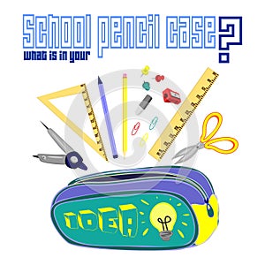 School pencil case staff vector set of elements. Educational clipart collection