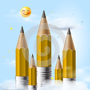 School pencils in the clouds sky with the emoji sun shining on them