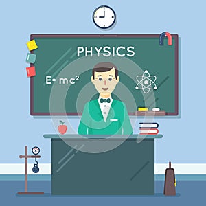 School physics teacher in audience. Vector flat