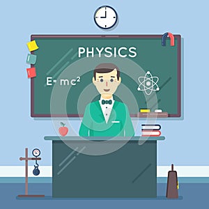School physics teacher in audience. Vector flat education concept