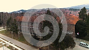 School in Pirot, Serbia. Sport playgrounds. Aerial drone view