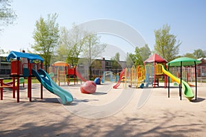school playground with diverse mix of equipment including seesaws, slides, and swings
