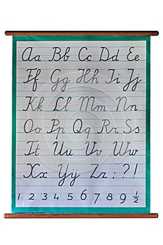 School poster with the handwritten alphabet on white photo