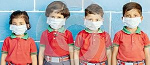 School preteen kids with protection face mask against new coronavirus, covid -19, nCov 2019 or sars cov 2 virus at