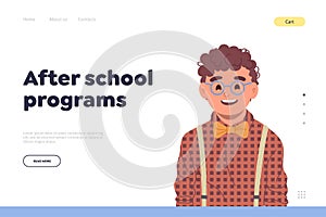 After school program educational online service landing page design template with happy schoolboy