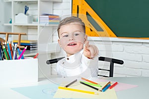 School for pupil. Science kids education concept. Back to school. Little Boy from elementary school. Funny little boy