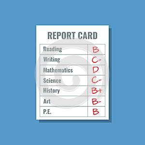 School report card with B C D grades, flat vector illustration