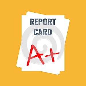 School report card with A plus grade, flat vector illustration