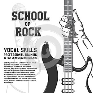 School of rock poster. Hand holding guitar. Black and white vintage illustration
