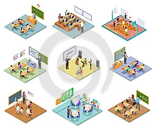 School rooms isometric. Library dining room lecture classroom gym sports hall toilet college university interior