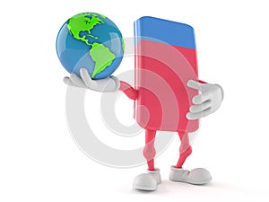 School rubber character holding world globe