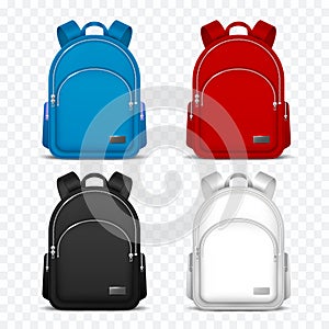 School rucksack. Kids backpacks. Front view travel bag for backpacking. 3d vector mockup isolated