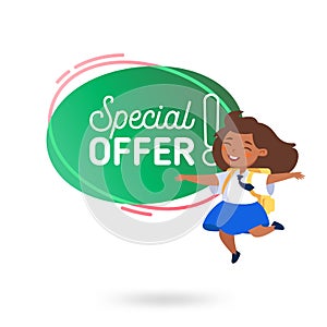 School Sale Special Offer Advertising Banner. Cute Cartoon Girl Student in Uniform Jumping and Rejoice. Off and Discount