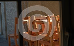 School scene with pile of study tables and chairs keep in veranda in old school time  memmory concept