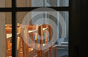 School scene with pile of study tables and chairs keep in veranda in old school time memmory concept