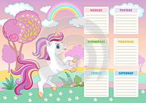 School schedule with cute cartoon unicorn vector