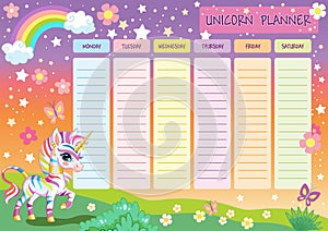 School schedule with cute zebra unicorn vector