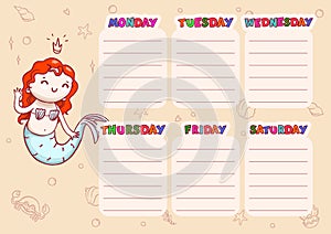 School schedule with days of week for children. Vector printable template with fairytale mermaid princess