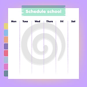 School schedule. Minimalist weekly planner. Sheet of paper with the days and stickers to put the hours. Back to school. Vector