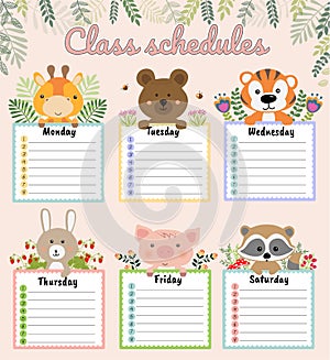 School schedule template. Timetable for pupils with cute animals. Vector Illustration