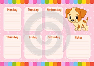 School schedule. Timetable for schoolboys. Empty template. Weekly planer with notes. Isolated color vector illustration. Funny