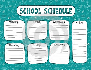 School Schedule vector template printable US Letter size. Weekly class timetable, lesson planner students, kids daily
