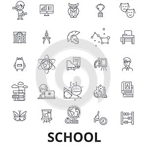 School, school building, education, classroom, pupil, school bus, school teacher line icons. Editable strokes. Flat