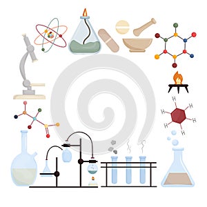 School science frame illustration, chemistry supplies clipart set, education background, Illustration of the laboratory.