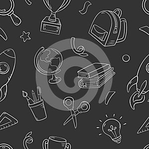School seamless pattern in doodle style, vector illustration. Back to school concept, stationery symbols on a chalk