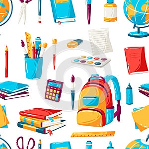 School seamless pattern with education items. Illustration of supplies and stationery background.