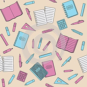 School seamless pattern with education supplies and office stationary