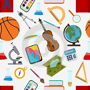 School seamless pattern. Mathematical rulers, calculator, books, microscope, flasks and test tubes, petri dish, violin, ball, map,