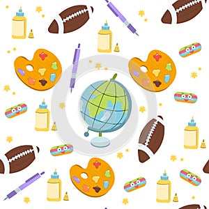 School seamless pattern. Supplies for studying. Cute vector illustration in flat cartoon style