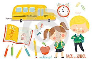 School set: characters and objects. Children in school uniforms with backpacks. School bus, school supplies. Education